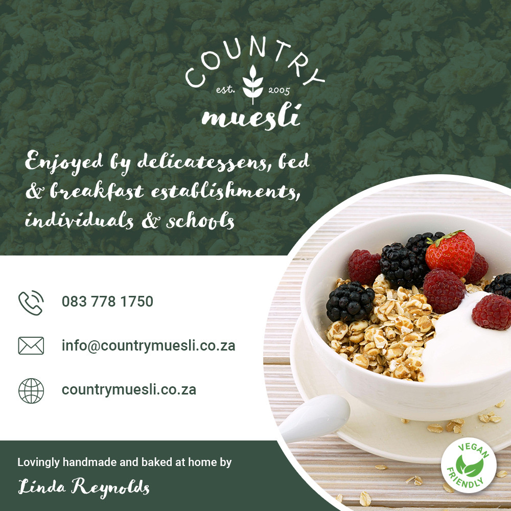 Country Muesli brown craft paper bag with vegan friendly berries and yogurt
